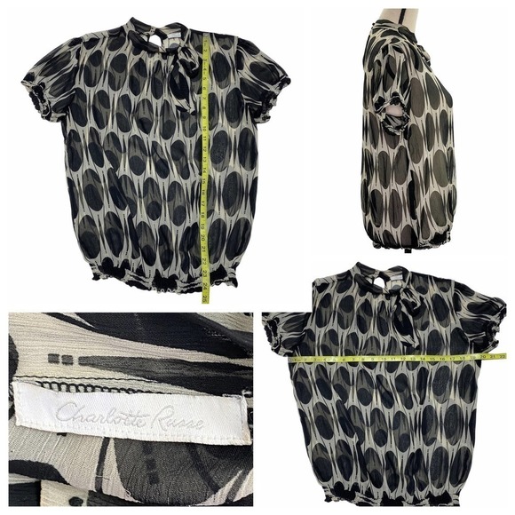 CHARLOTTE Russe Sheer Short Sleeve Geometric Print Tie Neck Smocked Waist Blouse - Picture 10 of 10